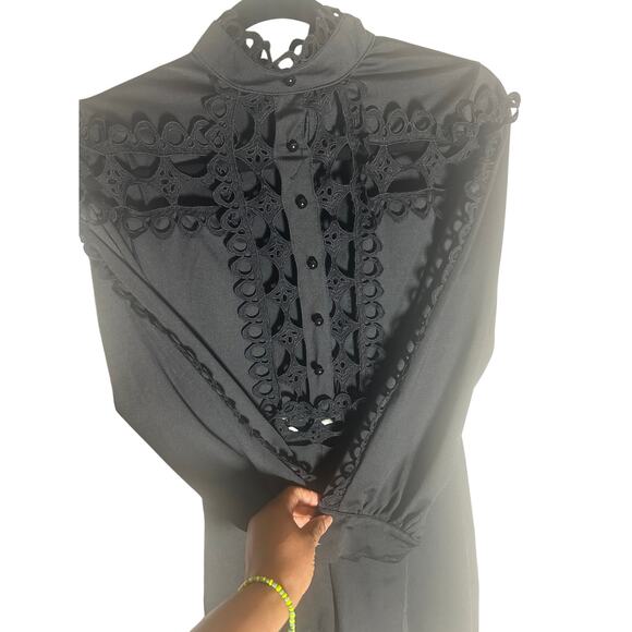 Women's L Black High-Neck Lace Trim Button-Up Romper Long Sleeve Elegant Chic - Picture 5 of 12